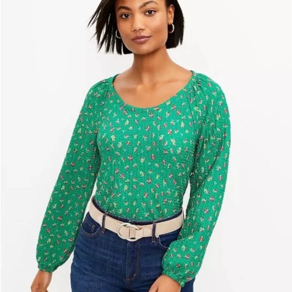 LOFT Green Floral Long-Sleeve Blouse